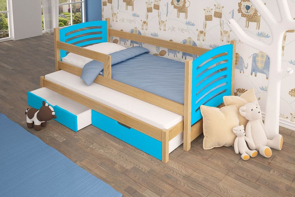 Veneti Detská posteľ s prístelkou KALA 2 - 75x180, borovica / modrá